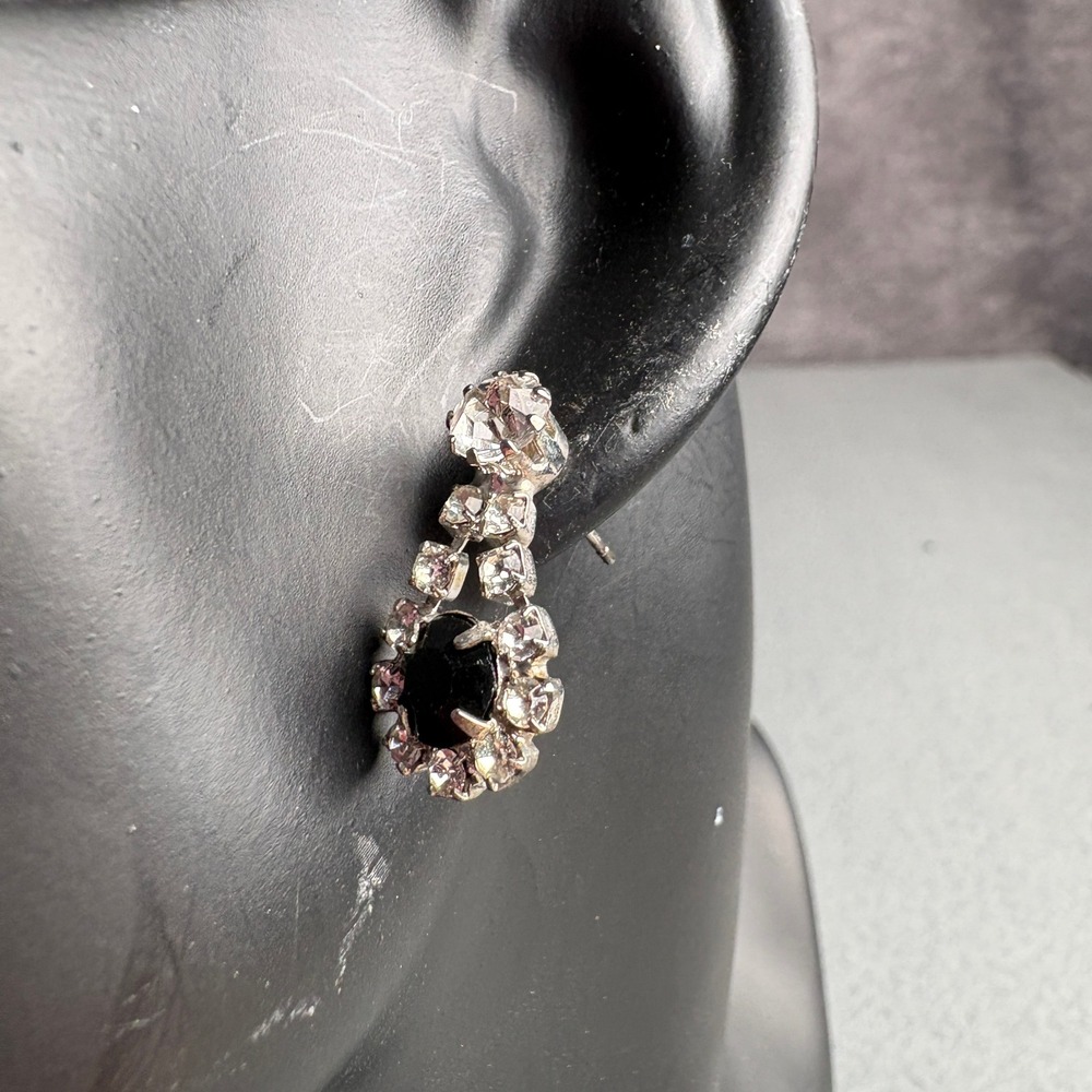 Vintage Black and Clear Rhinestone Drop Earrings Silver Tone Post Backs